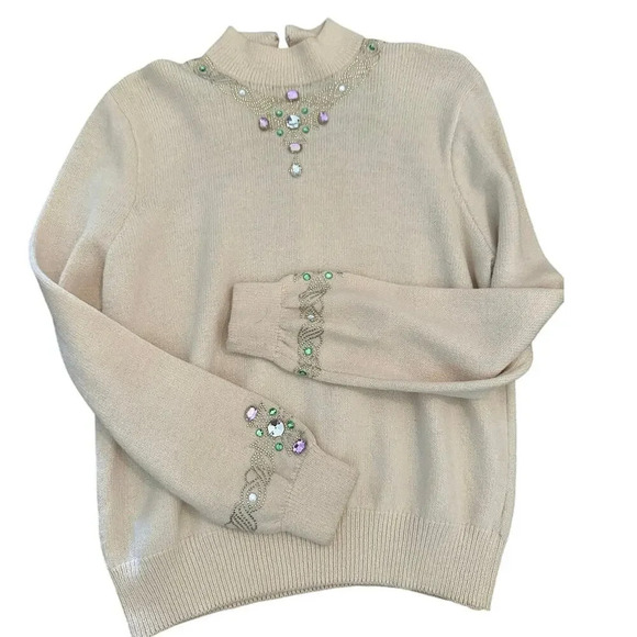 Vintage St. John Cream Beaded Sequin Embroidery knit Sweater Size Small - Picture 1 of 11